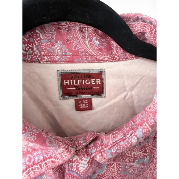 VTG Tommy Hilfiger Red Label Denim Shirt XL Red Paisley Long Sleeve Button Up - Picture 5 of 7
